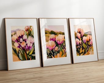 Protea & Fynbos Wall Art Triptych, Set of 3 South African Botanical Prints, Digital Download