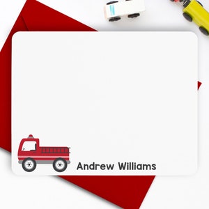 Fire Truck Stationery, Fire Truck Note Cards, Personalized Flat Note Cards, Firetruck Notecards, Kids Stationery, Kids Thank You Cards image 1
