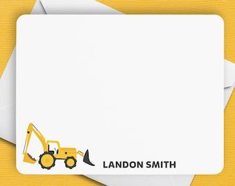 Construction Stationery, Construction Note Cards, Personalized Flat Note Cards, Construction Backhoe Notecards, Kids  Thank You Cards