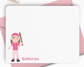 Baseball Girl Stationery, Softball Girl Note Cards, Personalized Flat Note Cards, Baseball Notecards, Kids Thank You, Children Stationery