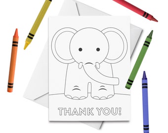 PRINTABLE Thank You Coloring Card, Elephant Thank You Card, Thank You Card for Kids, Thanks Greeting Card, DIY Print & Color