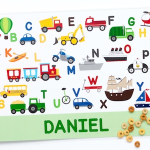 Personalized Transportation Alphabet Placemat for Boy Personalized Kids Placemat Childrens Placemat Educational Placemat image 1