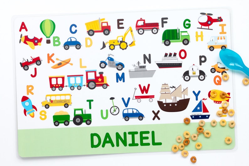 Personalized Transportation Alphabet Placemat for Boy Personalized Kids Placemat Childrens Placemat Educational Placemat image 1