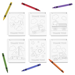 Biglietti di ringraziamento da colorare STAMPABILI, 6 biglietti di ringraziamento per bambini, set di biglietti di auguri per il trasporto, stampa e colore fai da te