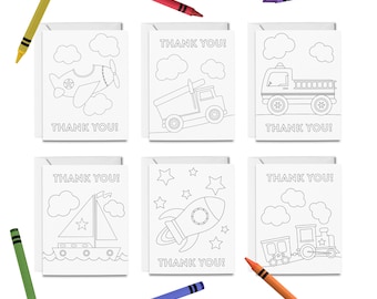 Tarjetas para colorear de agradecimiento IMPRIMIBLES, 6 tarjetas de agradecimiento para niños, conjunto de tarjetas de felicitación de transporte, impresión y color de bricolaje