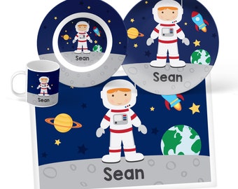 Astronaut Boy Plate, Bowl, Mug or Placemat - Personalized Plate for Kids - Custom Kids Plastic Tableware - Outer Space Kids Plate Bowl Set