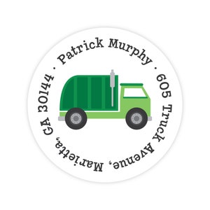 Garbage Truck Address Labels, Personalized Address Labels for Kids, Truck Stickers, Kids Mailing Label, Round Return Address Label image 1