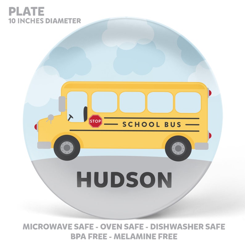 School Bus Plate, Bowl, Mug or Placemat School Bus Dinnerware Set Personalized Plastic Plate for Kids Children Plates image 2