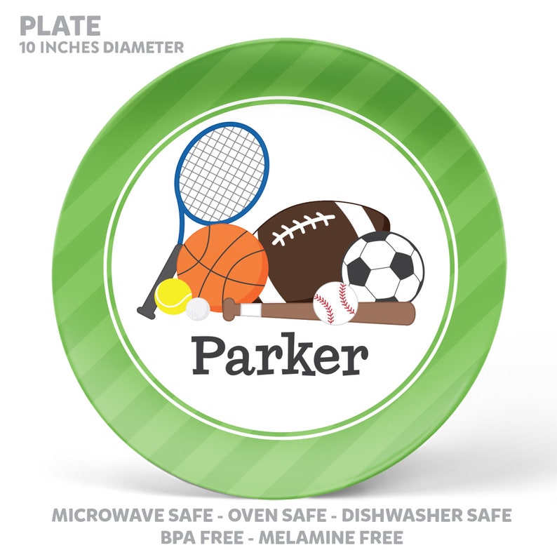 Personalized Sports Plate, Bowl, Mug or Placemat Sports Balls Dish Set Personalized Plate for Kids Children Plates Kids Tableware image 2