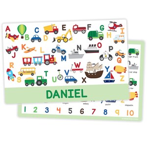 Personalized Transportation Alphabet Placemat for Boy Personalized Kids Placemat Childrens Placemat Educational Placemat image 2