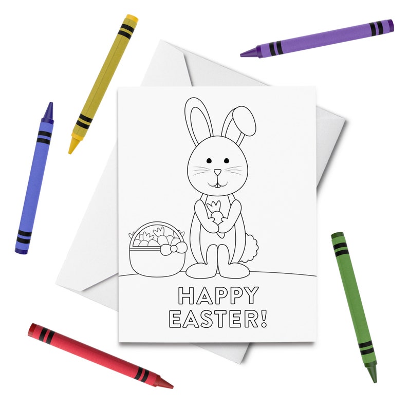 PRINTABLE Happy Easter Coloring Card, Easter Bunny Card, Holiday Greeting Card for Kids, Color Your Own Card, DIY Print & Color image 1