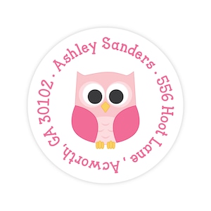 Owl Address Labels, Personalized Address Labels for Kids, Owl Sticker, Round Return Address Label, Kids Mailing Label image 1