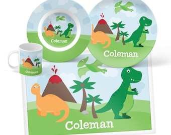 Personalized Dinosaur Mealtime Set - Custom Dinnerware for Kids - Children’s Plate, Bowl, Mug or Placemat - Gifts for Kids