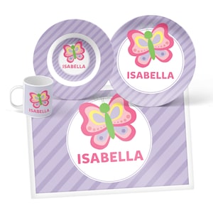 Butterfly Plate, Bowl, Mug or Placemat (Choose Your Pieces), Personalized Dinnerware for Kids, Children&#39;s Plastic Plate and Bowl, Kid Dishes