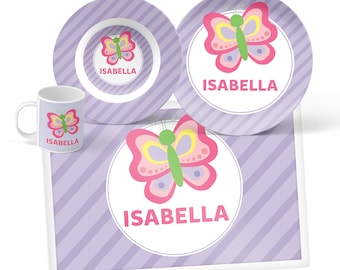 Butterfly Plate, Bowl, Mug or Placemat - Personalized Butterfly Dinnerware Set - Personalized Plastic Plate for Kids - Children Plate