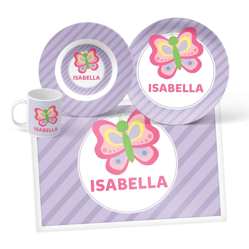 Butterfly Plate, Bowl, Mug or Placemat Personalized Butterfly Dinnerware Set Personalized Plastic Plate for Kids Children Plate image 1