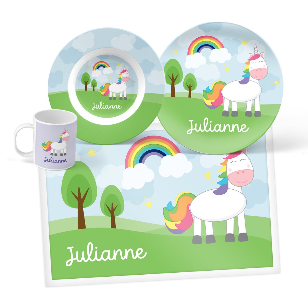 Unicorn Plate, Bowl, Mug or Placemat choose Your Pieces, Personalized Dinnerware for Kids