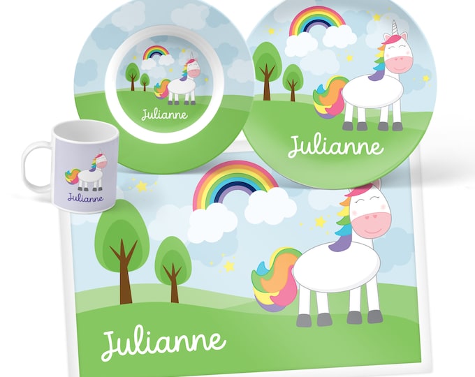 Unicorn Plate, Bowl, Mug or Placemat - Unicorn Dinnerware Set - Personalized Plate for Kids - Children Plates - Kids Tableware Set