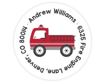 Fire Truck Address Label, Personalized Address Labels, Kids Mailing Label, Firetruck Sticker, Round Address Labels for Kids