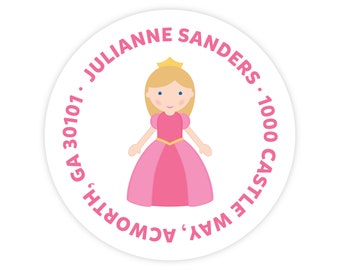 Princess Address Labels, Personalized Address Labels for Kids, Round Return Address Labels, Princess Stickers, Kids Address Labels