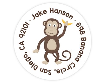 Monkey Address Labels, Personalized Kids Address Labels, Monkey Stickers, Kids Mailing Labels, Round Return Address Labels for Kids