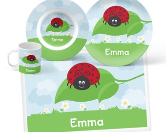 Ladybug Plate, Bowl, Mug or Placemat - Ladybug Dinnerware Set - Personalized Plate for Kids - Children Plates - Kids Tableware