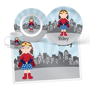 Superhero Girl Plate, Bowl, Mug or Placemat (Choose Your Pieces), Personalized Dinnerware for Kids, Children&#39;s Plastic Plate and Bowl