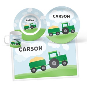 Personalized Tractor Dinnerware Set: Kids Plastic Plate, Bowl, Mug & Placemat