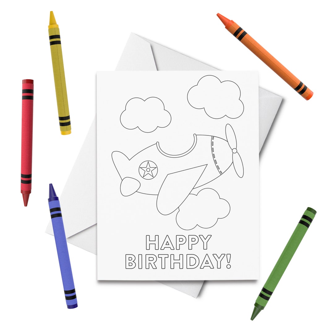 PRINTABLE Happy Birthday Coloring Card, Airplane Birthday Card, Birthday Card for Kids, Birthday ...
