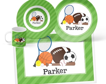 Personalized Sports Mealtime Set - Custom Dinnerware for Kids - Children’s Plate, Bowl, Mug or Placemat - Gifts for Kids