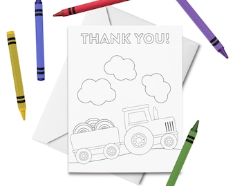 PRINTABLE Thank You Coloring Card, Tractor Thank You Card, Thank You Card for Kids, Thanks Greeting Card, DIY Print & Color