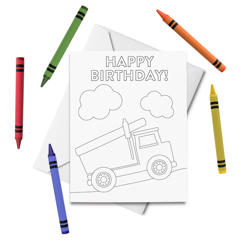 PRINTABLE Happy Birthday Coloring Card, Dump Truck Birthday Card, Birthday Card for Kids, Birthday Color Your Own Card, DIY Print & Color image 1