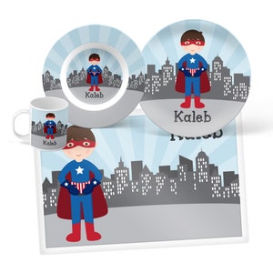 Personalized Superhero Boy Dinnerware: Plate, Bowl, Mug, or Placemat