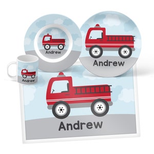 Personalized Fire Truck Dinnerware: Kids Plate, Bowl, Mug or Placemat