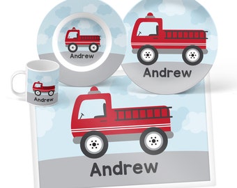 Fire Truck Plate, Bowl, Mug or Placemat - Fire Truck Dinnerware Set - Personalized Plastic Plate for Kids - Children Plates