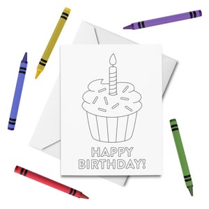 AFDRUKBARE gelukkige verjaardag kleurkaart, cupcake verjaardagskaart, verjaardagskaart voor kinderen, verjaardag kleur je eigen kaart, doe-het-zelf printen en kleuren