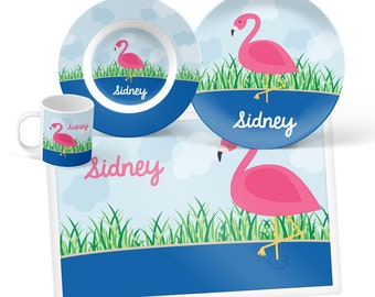 Flamingo Plate, Bowl, Mug or Placemat - Flamingo Dinnerware Set - Personalized Plate for Kids - Children Plates - Plastic Plate Set