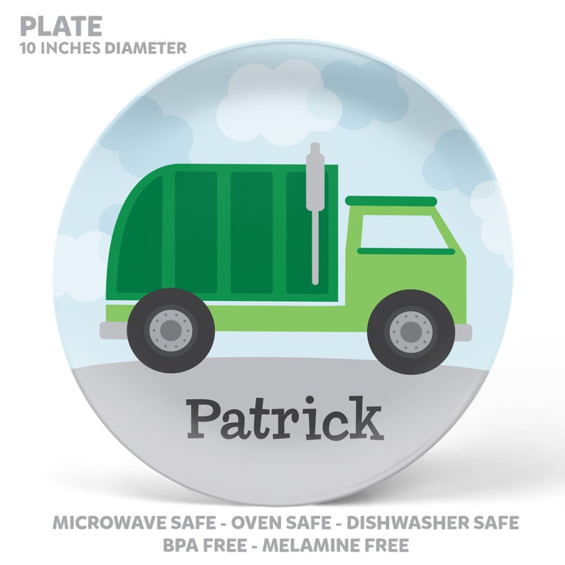 Garbage Truck Plate, Bowl, Mug or Placemat Personalized Plastic Plate for Kids Kids Tableware Childrens Plate Dinnerware Set image 2