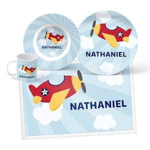 Airplane Plate, Bowl, Mug or Placemat (Choose Your Pieces), Personalized Dinnerware for Kids, Children&#39;s Plastic Plate and Bowl, Kids Dishes