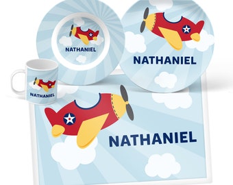 Airplane Plate, Bowl, Mug or Placemat - Airplane Dinnerware Set - Personalized Plate for Kids - Air Plane Custom Tableware Set