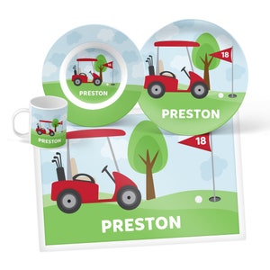 Golf Cart Plate, Bowl, Mug or Placemat (Choose Your Pieces), Personalized Dinnerware for Kids, Children's Plastic Plate and Bowl, Kid Dishes