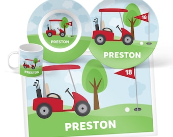 Golf Cart Plate, Bowl, Mug or Placemat - Golf Cart Dinnerware Set for Boys - Personalized Plate for Kids - Custom Kids Plastic Tableware