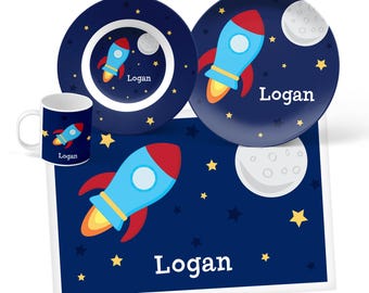 Personalized Spaceship Mealtime Set - Custom Dinnerware for Kids - Children’s Plate, Bowl, Mug or Placemat - Gifts for Kids