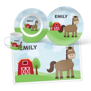 Horse Plate, Bowl, Mug or Placemat Horse Dinnerware Set Personalized Plate for Kids Childrens Plastic Plates Tableware Set image 1