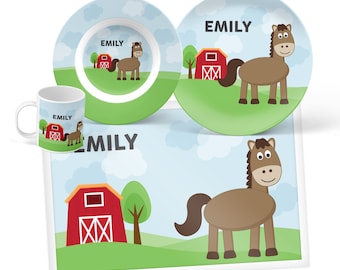 Horse Plate, Bowl, Mug or Placemat - Horse Dinnerware Set - Personalized Plate for Kids - Childrens Plastic Plates - Tableware Set