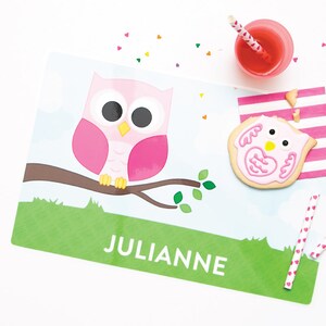 Owl Placemat, Owl Personalized Placemat for Girl, Name Placemat, Custom Kids Placemat, Laminated Activity Place Mat, Double-Sided Table Mat image 3