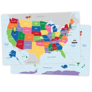 May include: A colorful map of the United States with state names and borders. The map is on a white background with blue oceans and a gray border. The map includes Alaska and Hawaii. The map also includes a small map of Australia with a blue whale.