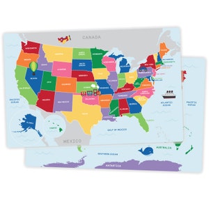 United States of America and World Map Placemat Activity Placemat for Kids Educational Placemat laminated, double-sided image 1