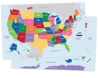 United States of America and World Map Placemat - Activity Placemat for Kids - Educational Placemat - laminated, double-sided