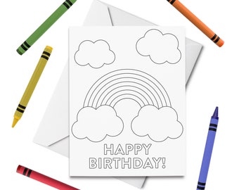 PRINTABLE Happy Birthday Coloring Card, Rainbow Birthday Card, Birthday Card for Kids, Birthday Color Your Own Card, DIY Print & Color